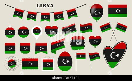 libya flag set. Various National flag collection with different shapes like heart, shield, easter egg, location, circle, postmark, grunge, square, rou Stock Vector