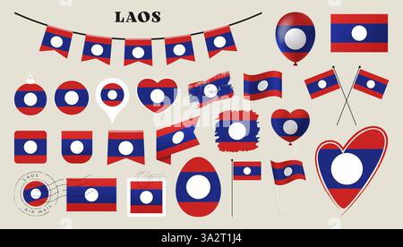 laos flag set. Various National flag collection with different shapes like heart, shield, easter egg, location, circle, postmark, grunge, square, roun Stock Vector
