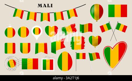 mali flag set. Various National flag collection with different shapes like heart, shield, easter egg, location, circle, postmark, grunge, square, roun Stock Vector