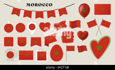 morocco flag set. Various National flag collection with different shapes like heart, shield, easter egg, location, circle, postmark, grunge, square, r Stock Vector