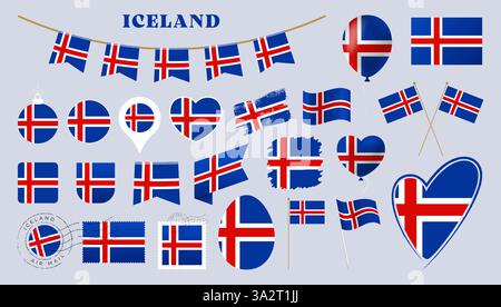 iceland flag set. Various National flag collection with different shapes like heart, shield, easter egg, location, circle, postmark, grunge, square, r Stock Vector