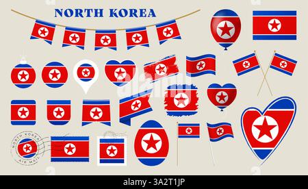north korea flag set. Various National flag collection with different shapes like heart, shield, easter egg, location, circle, postmark, grunge, squar Stock Vector