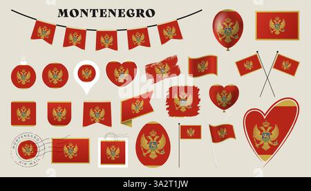montenegro flag set. Various National flag collection with different shapes like heart, shield, easter egg, location, circle, postmark, grunge, square Stock Vector
