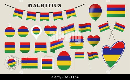 mauritius flag set. Various National flag collection with different shapes like heart, shield, easter egg, location, circle, postmark, grunge, square, Stock Vector