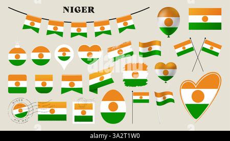 niger flag set. Various National flag collection with different shapes like heart, shield, easter egg, location, circle, postmark, grunge, square, rou Stock Vector