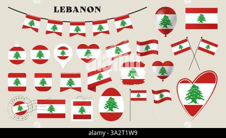lebanon flag set. Various National flag collection with different shapes like heart, shield, easter egg, location, circle, postmark, grunge, square, r Stock Vector