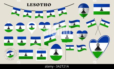 lesotho flag set. Various National flag collection with different shapes like heart, shield, easter egg, location, circle, postmark, grunge, square, r Stock Vector