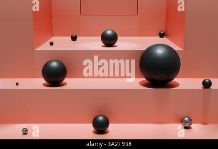Abstract scenery, an arrangement of black rubber colored balls placed in a minimalist scenery with a square geometry. Artistic wallpaper or background Stock Photo
