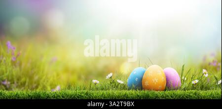 Three painted easter eggs celebrating a Happy Easter on a spring day with a green grass meadow, bright sunlight and a warm background with copy space. Stock Photo