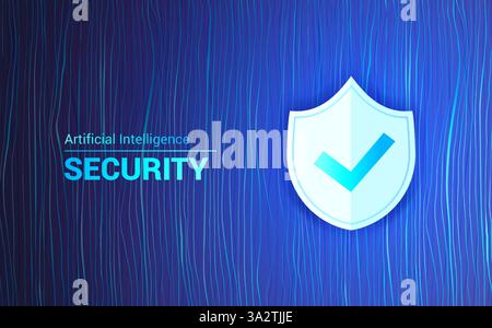 Artificial Intelligence Cyber Security Concept, Vector Shield or Lock Icon with Checkmark on Wavy Patterned Threads Horizontal Background for Internet Stock Vector