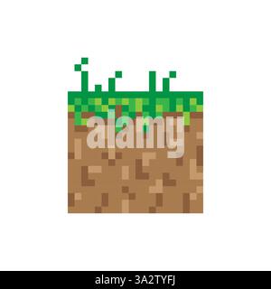 Pixel grass block. Soil texture vector. Game style illustration. Green brown design. Stock Vector