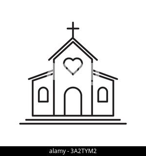 Church building icon. Heart shaped detail. Minimal wedding symbol. Vector religious outline. Stock Vector