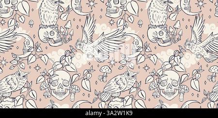 Seamless pattern with hand drawn black and white inky eagle owls sitting on human skulls Stock Vector