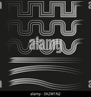 Abstract wave lines. Curved geometric pattern. Black background contrast. Dynamic motion effect. Stock Vector