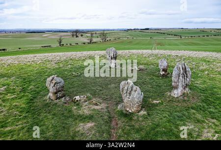 Duddo Five Stones prehistoric stone circle in north Northumberland, England. Early Bronze Age. Natural weathering soft sandstone. Looking north Stock Photo