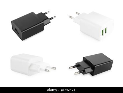 USB power adapters (charger) isolated on white, set Stock Photo