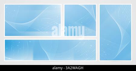 set of four blue abstract banners with wavy lines designs for business cards templates, banner, flyer, covering calendar, web banner, signs, website Stock Vector