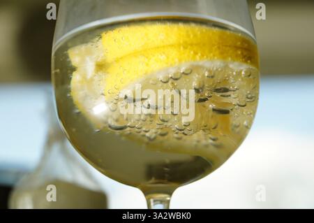 Close-up of wine glass filled with refreshing sparkling beverage and lemon slices. Tiny bubbles rise to surface creating fresh and invigorating visual Stock Photo
