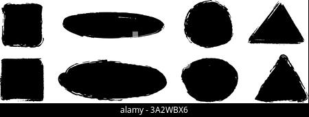 Geometric dry paint stain set. Black grunge chalk collection. Textured brush stroke element pack. Hand drawn charcoal blobs for frame, template, poster, banner, text box, sticker. Vector Stock Vector