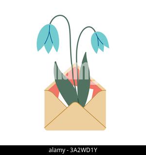 Envelope with snowdrops flowers. Hello spring concept. Summer Letter. Vector illustration, flat design. Flowers bouquet in envelope. Hand drawn trendy Stock Vector