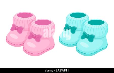 Pink and blue baby booties with bows. Cute, gender neutral illustration. Perfect for baby shower designs, announcements, or nursery decor. Stock Vector