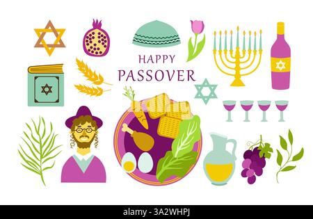 Happy Passover. Set of icons celebrating the Jewish holiday Pesach . Vector flat illustration  Stock Vector
