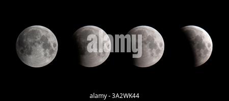 Wimbledon, London, UK. 14th Mar, 2025. Image sequence of the partial lunar eclipse in the UK captured over 1 hour, cloud eventually ending the event from this location. Credit: Malcolm Park/Ģ����ý Live News Stock Photo