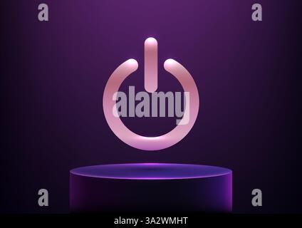 futuristic 3d power button icon hovers above a cylindrical platform with a subtle pink glow, set against a dark purple background, technology concepts Stock Vector