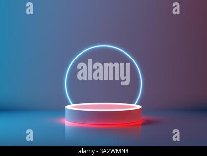 futuristic 3d blue podium with a glowing red base and bright neon circle, set against a gradient blue and red background, technology concepts, product Stock Vector