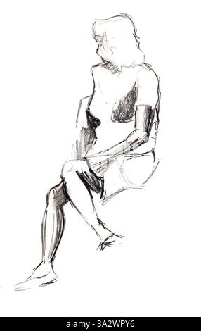 Sketch of woman sitting. Pencil drawing. Isolated on white background. Profile view. Face turned back. Chaotic lines, strokes. Different shades of gra Stock Photo