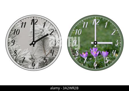 Two clocks: one represents winter and shows 03:00, the other represents spring and shows 02:00. Transition of time, the change to daylight saving time Stock Photo