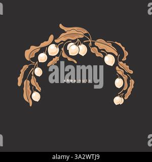 Shea symbol. Circle frame. Vector golden branch, botany leaves, butter nuts. Art vintage illustration on black background. Organic cosmetic for skin b Stock Vector