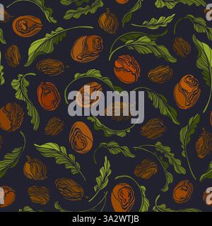 Shea nut seamless pattern. Vintage engraving on black background. Vector green leaves, raw grain. Botanical color illustration in retro style. Texture Stock Vector
