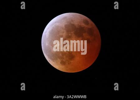 Mesa, USA. 14th Mar, 2025. A total lunar eclipse is visible in the sky as seen here in Mesa, Arizona USA on March 14, 2025. Thursday night into Friday morning, the earths shadow could be seen swallowing the moon. This phenomenon is called as a blood moon due to the bright reddish color. (Photo By: Alexandra Buxbaum/Sipa USA) Credit: Sipa USA/Ģ����ý Live News Stock Photo
