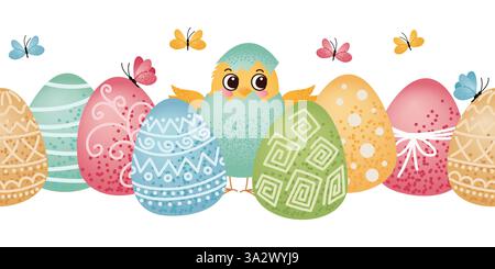 Seamless horizontal border with cute yellow chick and colorful easter eggs with butterflies flying around. Seamless Easter horizontal border, frame Stock Vector