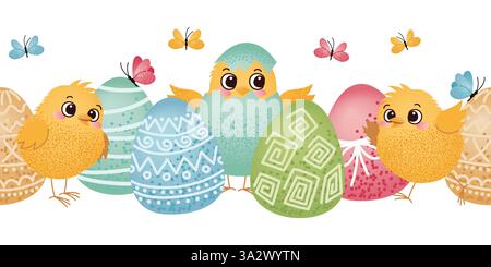 Cute yellow chicks and colorful easter eggs with butterflies flying around. Seamless Easter horizontal border, frame. Easter celebration and Stock Vector
