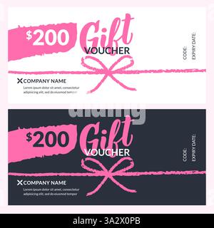 Gift voucher card set in white, pink and black colors. Hand drawn bow ribbon for seasonal holiday sale banner background. Vector design template for c Stock Vector