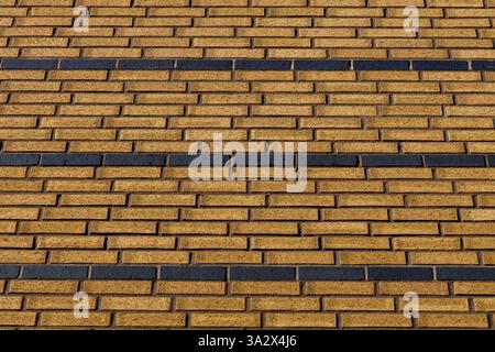 A textured yellow brick wall is accented by three parallel lines of black bricks, creating a striking contrast and geometric pattern Stock Photo