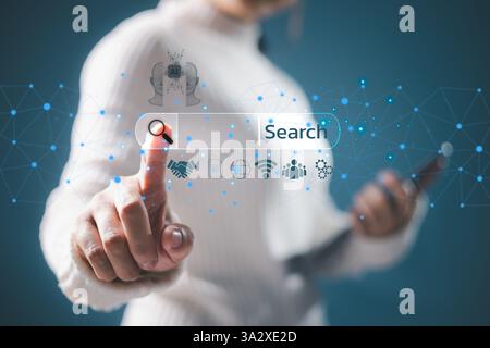Search for SEO, business of design and technology, optimize social media icon for better visibility browser. Ai tech concept, search engine bar for da Stock Photo