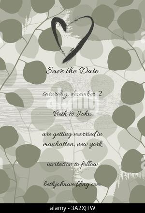 Wedding card heart brush stroke eucalyptus leaves hand drawn template Stock Vector