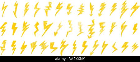 Set of lightning by wax pencil drawing. Collection of handdrawing chalk , light flash signs, Doodle thunder bolts, golden color design elements Stock Vector