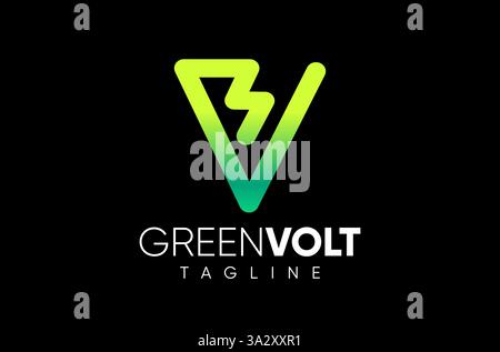 Letter V Volt Logo Design, Eco Green Environment Energy, High voltage electric Logo, Green Lightening Logo Power line system, electricity pole, Wind Stock Vector