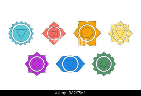 Seven chakra symbols 2D cartoon objects set Stock Vector