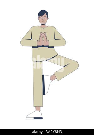 Indian man practicing tree pose in yoga 2D cartoon character Stock Vector