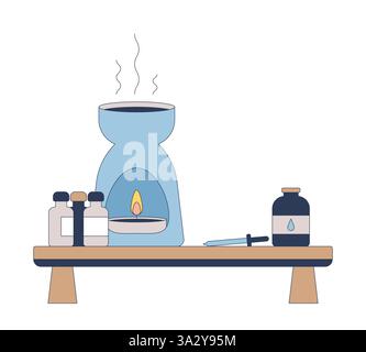 Aromatherapy table with oil burner 2D cartoon object Stock Vector