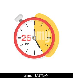 25 minutes on stopwatch icon in flat style. Clock face timer vector illustration on isolated background. Countdown sign business concept. Stock Vector