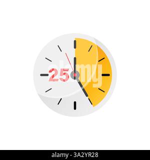 25 minutes on stopwatch icon in flat style. Clock face timer vector illustration on isolated background. Countdown sign business concept. Stock Vector