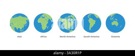 Earth map globe icon set with five continents vector. continents front facing green and blue color asia, africa, north america, south america, oceania. Stock Vector