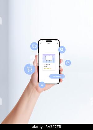 Front view of hand holding smartphone, online shop app displayed on screen with laptop price and rating, floating eCommerce icons representing digital Stock Photo