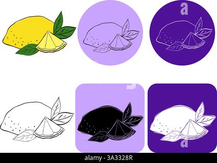 Lemon with slice logo icon. Vector graphic line ink illustration For logo, web, package, sticker. Stock Vector